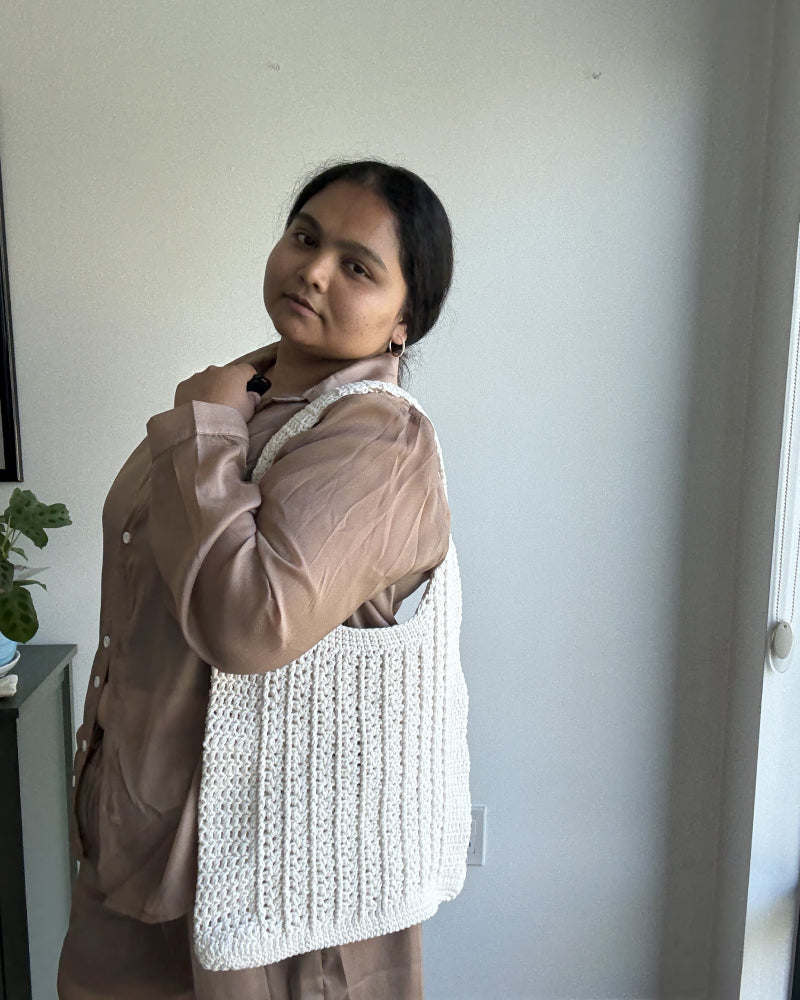 Cotton V Post Stitch Handmade Crochet Tote Bag - Eco-Friendly Mesh Shoulder Bag